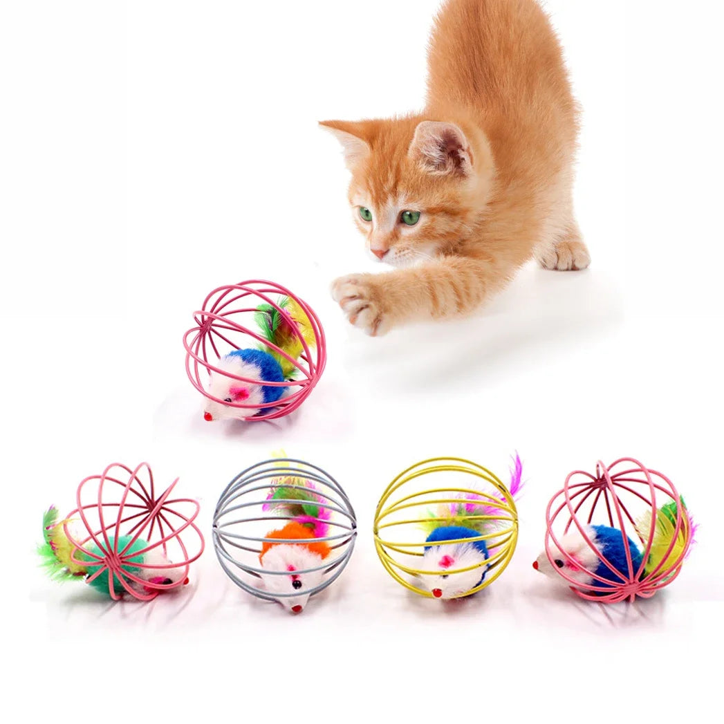 Cat Teaser Wand Toy – Feather Stick with Bell & Mouse Cage