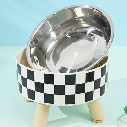 Plaid Stainless Steel Cat Bowl with Stand – Anti-Slip Feeder