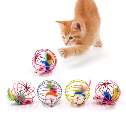 Cat Teaser Wand Toy – Feather Stick with Bell & Mouse Cage