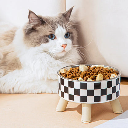 Plaid Stainless Steel Cat Bowl with Stand – Anti-Slip Feeder