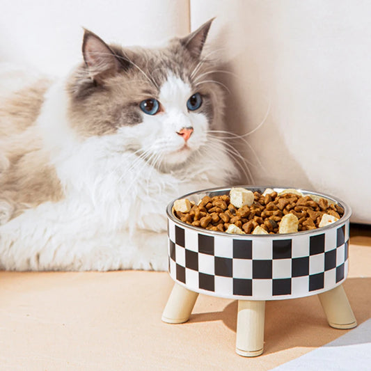 Plaid Stainless Steel Cat Bowl with Stand – Anti-Slip Feeder