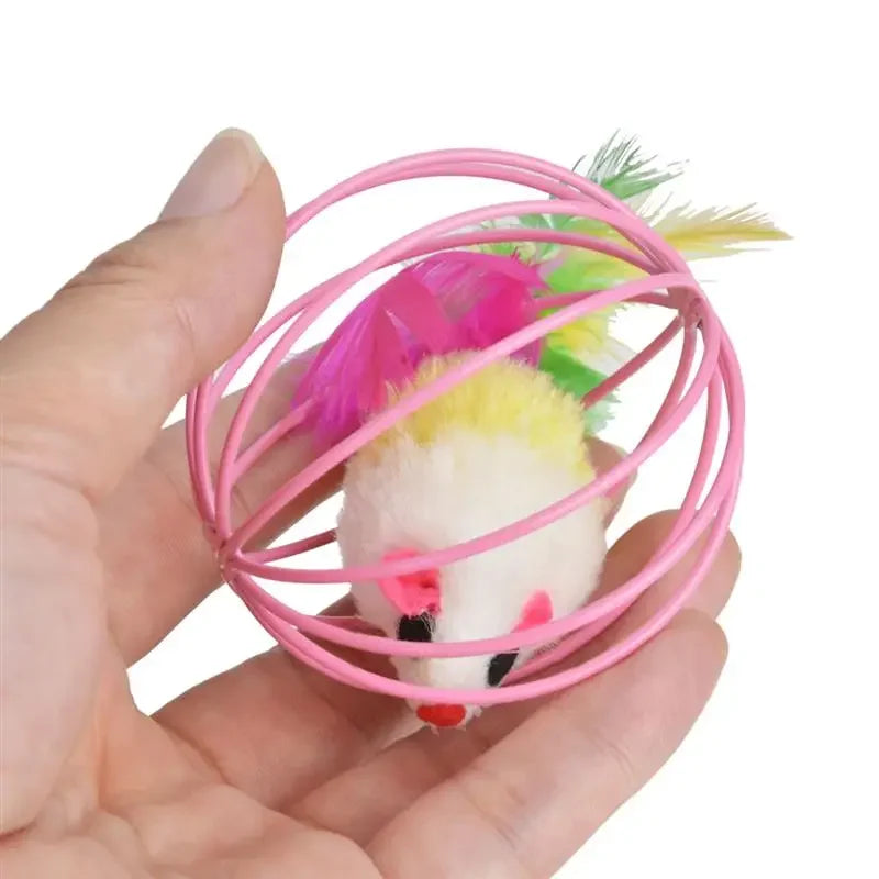 Cat Teaser Wand Toy – Feather Stick with Bell & Mouse Cage